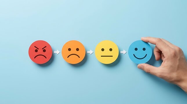 Sequence of four colored paper emoji faces showing transition from angry red to smiling blue held by human hand symbolizing positive feedback transformation.
