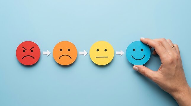 Female hand placing smiling blue face at end of emotional progression scale from red angry face representing successful customer service experience.