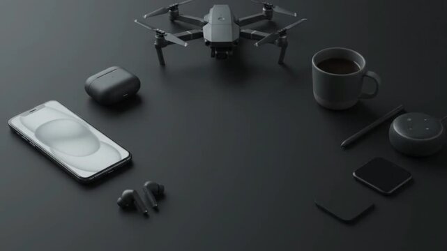 Flat Lay of Modern Black Tech Gadgets, Smartphone, Drone, and Coffee Cup on Dark Background
