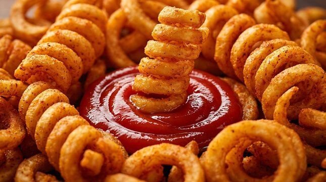Crispy spiral cut seasoned potatoes surround a central pool of thick red ketchup on a platter, showcasing delicious golden curls perfect for restaurant menus.