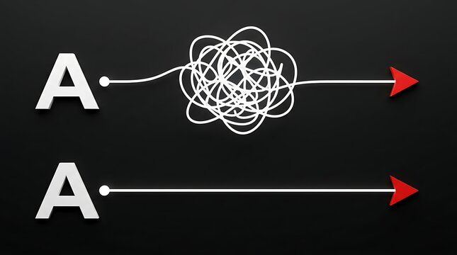Conceptual illustration of simple versus complex pathway from point A to point B showing a straight direct line against a chaotic tangled route symbolizing efficiency and difficulty.