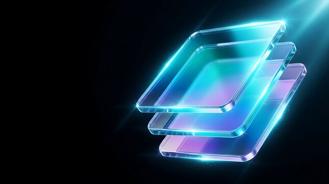 Three transparent glass squares stacked with glowing blue and turquoise light, abstract technological concept on dark background.