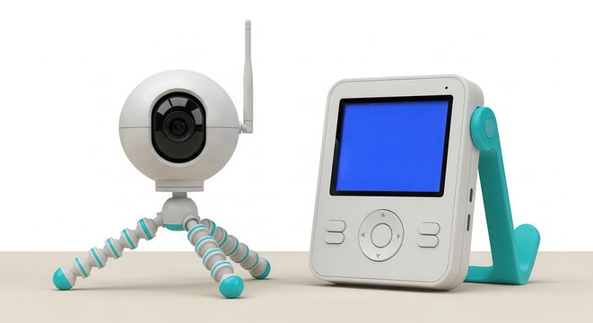 White baby monitor camera with flexible tripod and display unit featuring blue screen, positioned on a light surface for home security and monitoring