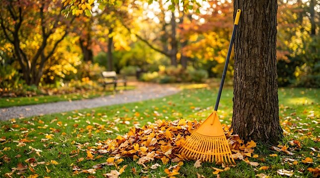 Bright yellow rake leaning against rough tree trunk next to pile of fallen autumn leaves in sunny park landscape.