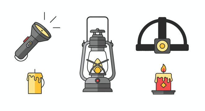 Collection of Portable Light Sources: Flashlight, Lantern, Headlamp, and Candles