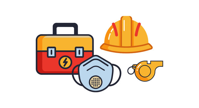 Construction Safety Gear: Hard Hat, Toolbox, Face Mask, Whistle Icon Set