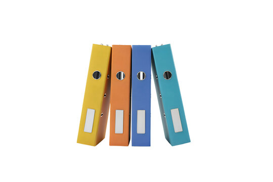 Colorful ring binders isolated on transparent background for office document organization and professional filing systems binder ringbinder stationery yellow orange blue turquoise plastic metal cutout