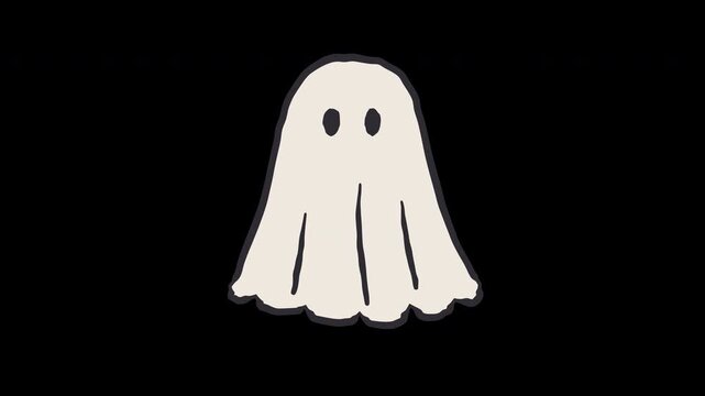 Sheet ghost floating cute simple cartoon drawing in black and white for spooky overlay stop motion animated loop transparent background