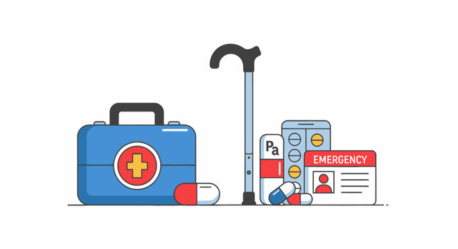 Medical Aid, First Aid Kit, Walking Cane, Pills, Emergency Card - Healthcare Concept