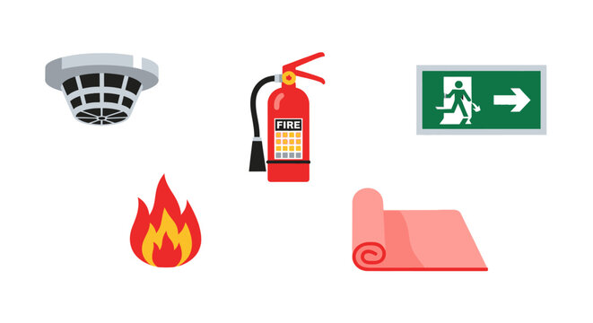 Fire Safety Icons: Extinguisher, Smoke Detector, Fire, Exit Sign, Safety Mat