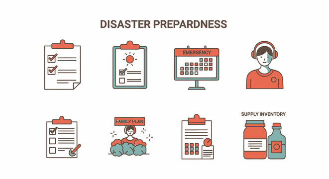 Disaster Preparedness Icons: Checklist, Emergency Plan, Supplies, Inventory