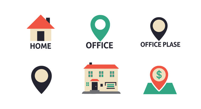 Location Icons: Home, Office, Business Place, and Dollar Sign on Map