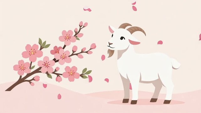 Playful white goat among blooming cherry blossoms with pink petals drifting down across a soft pastel landscape. whimsical spring animal illustration with gentle movement.