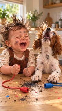 Laughing Toddler and Playful Spaniel Puppy with Tousled Hair and Soot Marks After a Comical Imaginary Mishap