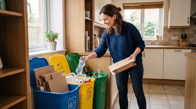 Woman sorting recyclables into colored bins in a modern kitchen environment