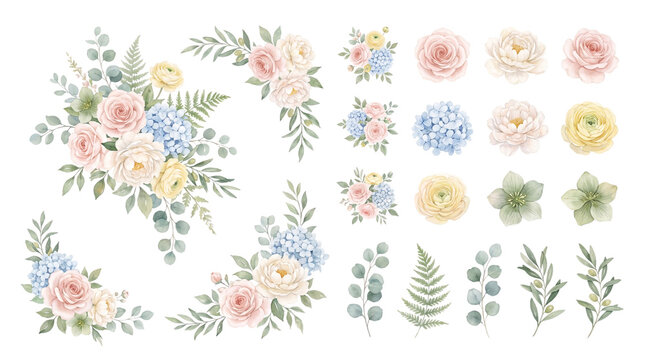 Beautiful watercolor floral bouquets arrangement featuring pink roses yellow ranunculus blue hydrangeas and green eucalyptus leaves isolated on transparent background