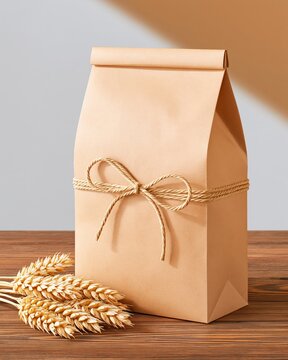 Kraft paper bag tied with twine bow, wheat stalks on wooden table