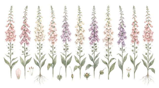 Beautiful collection of watercolor botanical illustrations featuring various colorful digitalis foxglove flowers with green leaves and roots isolated on transparent background