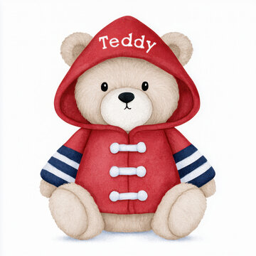 Red hooded teddy bear toy with striped sleeve, soft fabric texture, and cheerful handmade craft design for children
