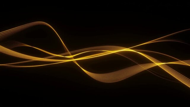 Golden light waves flow horizontally across a black abstract field. Technology presentation, digital media intro, and music or audio title sequence.