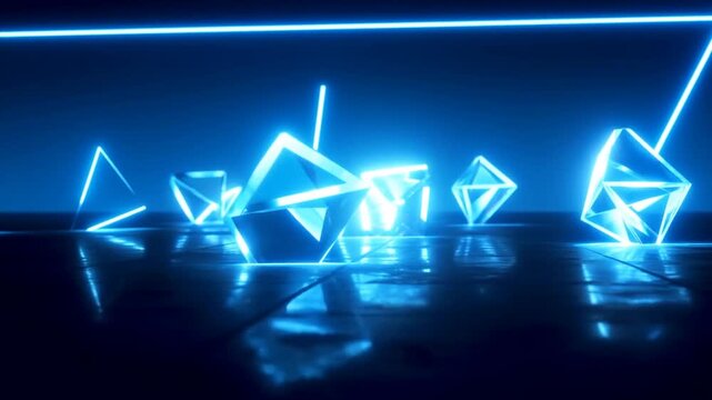 Glowing geometric shapes shift across a dark reflective surface in a futuristic digital light background. Technology presentation, digital product introduction, and science media.
