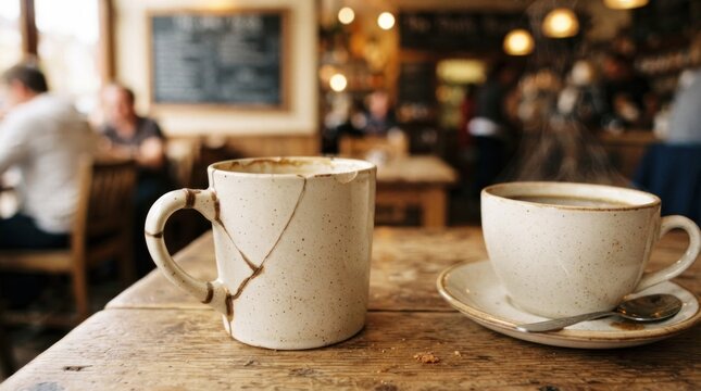 Two cups of steaming coffee on a rustic wooden table inside a cafe.