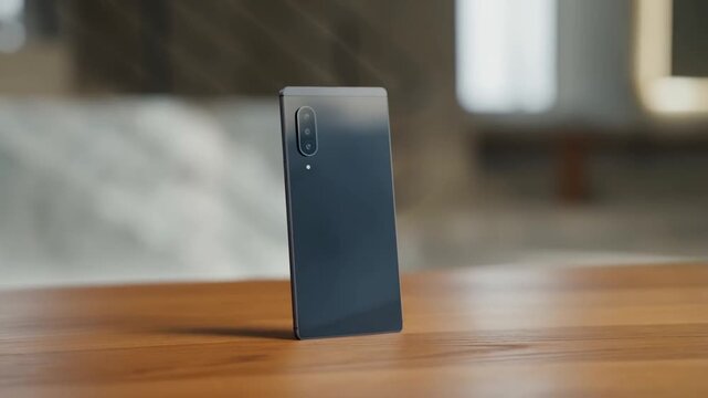 Smartphone stands upright on a wooden table in a softly blurred modern interior. Smartphone advertising, consumer electronics marketing, and telecommunication promotion.