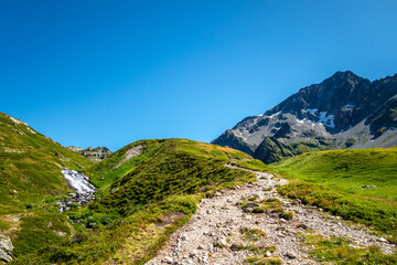 Obraz premium Hiking trail through alpine meadow at Contamines Montjoie, France