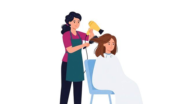 Modern Flat vector illustration of a female hairdresser blow-drying a client&rsquo;s hair with a hair dryer and round brush.