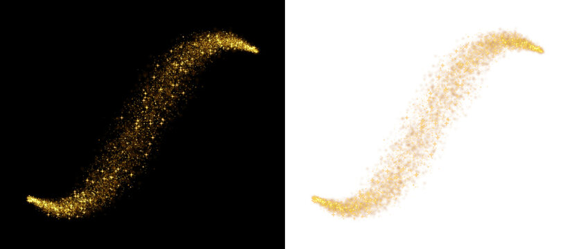 Golden glitter wave s-curve shape with sparkling dust particles and glowing texture particles isolated on a transparent background