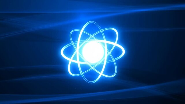 Glowing atom symbol with rotating orbital rings in an abstract blue digital space. Science education, physics presentations, and energy technology media.