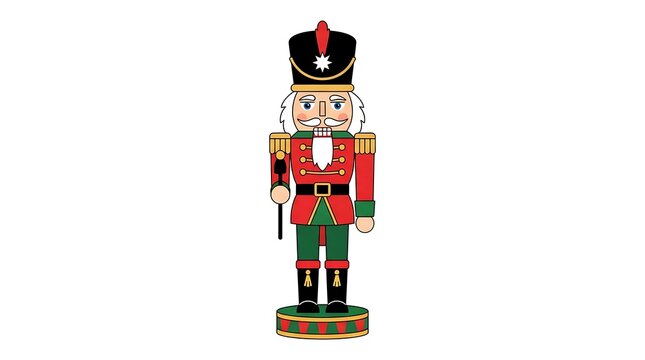 Modern Flat vector illustration of a single wooden Christmas nutcracker figure wearing a traditional red and green festive uniform.