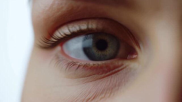 Extreme close-up of a human eye gazing against a soft pale background. Ophthalmology education, optometry advertising, and eye care campaigns.
