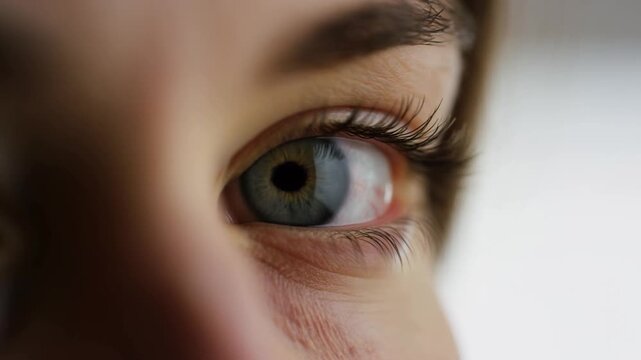 Human eye blinks and shifts gaze in an extreme close-up against a bright neutral background. Ophthalmology advertising, optometry services, and eye care campaigns.