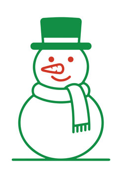 Charming snowman illustration with green hat and scarf on a white background