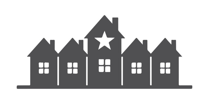Black silhouette of a row of houses with a star on a white background