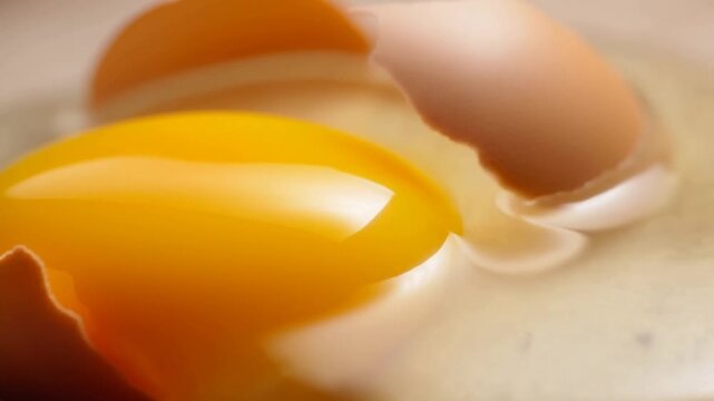 Raw egg cracking on a light preparation surface as yolk and white spread for cooking. Recipe demonstrations, cooking tutorials, and breakfast advertising.