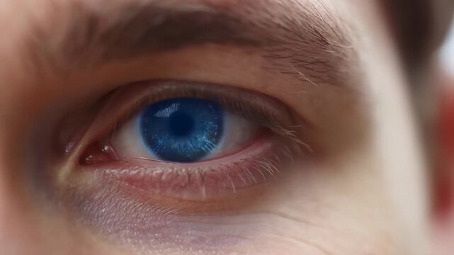 Blue human eye gazing toward the camera in an extreme close-up with detailed iris and eyelashes. Ophthalmology advertising, optometry services, and eye care campaigns.