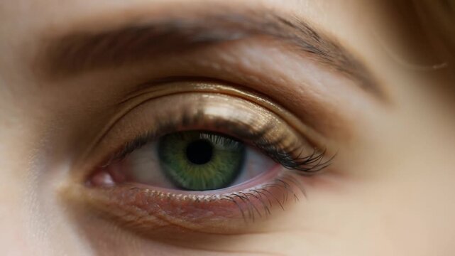 Extreme close-up of a green human eye with subtle eyelid movement in shallow focus. Optometry advertising, ophthalmology education, and eye care campaigns.