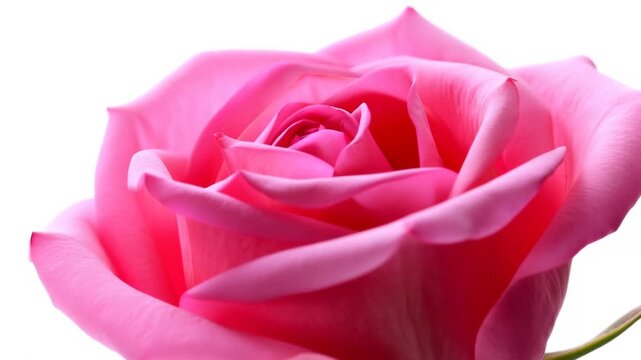 Blooming pink rose fills a clean white setting in an elegant close-up. Romantic greeting cards, wedding media, and anniversary promotions.