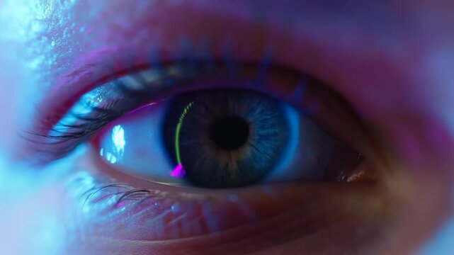 Human blue eye gazes toward the camera in a neon-lit studio close-up with shifting reflections. Optometry advertising, eye care campaigns, and healthcare presentations.