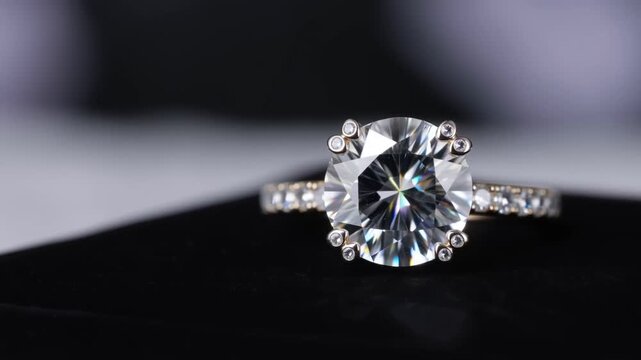 Diamond engagement ring rotating on a dark studio surface with sparkling gemstone reflections. Jewelry advertising, engagement ring retail, and bridal campaign.