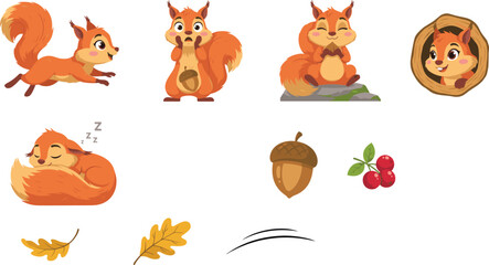 Obraz premium Cute Cartoon Squirrel Character Vector Illustration Set with Running Sleeping Shocked Poses Acorn Hollow Log and Oak Leaves for Children Book Designs