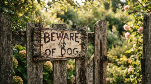 Weathered wooden gate with a beware of dog sign in a lush garden.