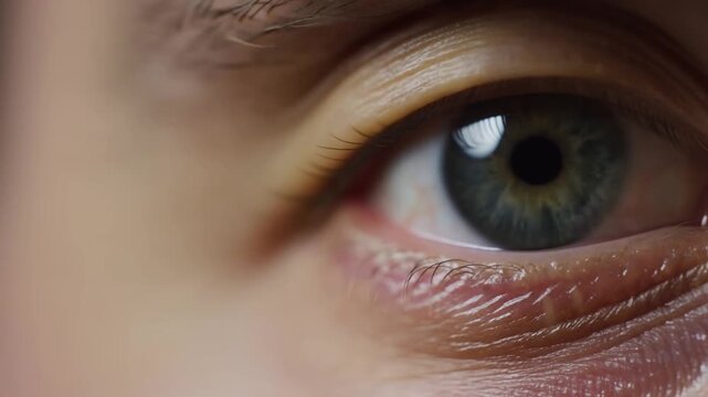 Human eye opens in an extreme close-up, revealing a green iris and direct gaze. Eye care advertising, optometry services, and ophthalmology education.