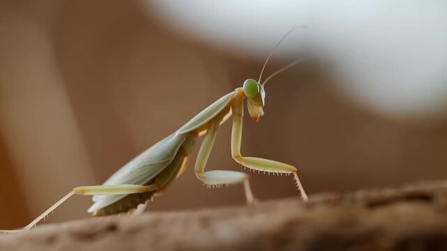 Green praying mantis walking along a rough tree branch in a macro close-up. Wildlife documentaries, insect education, and biology lessons.