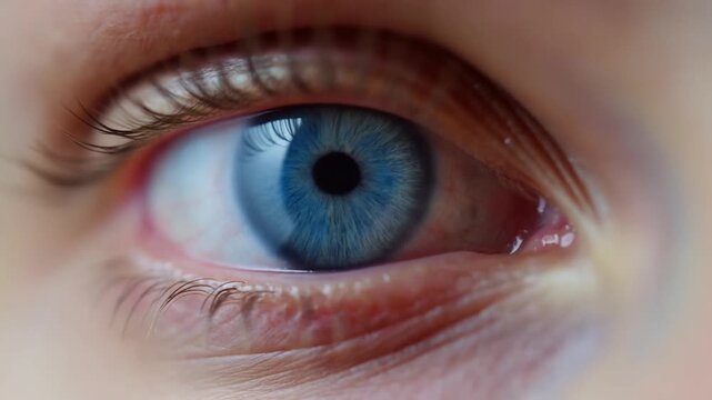 Extreme close-up of a blue human eye opening and blinking against a soft pale setting. Eye care advertising, optometry services, and ophthalmology education.