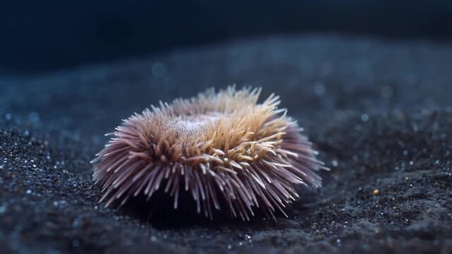 Sea urchin resting on dark marine sediment in a shallow-focus underwater close-up. Marine biology education, ocean conservation campaigns, and aquarium programming.