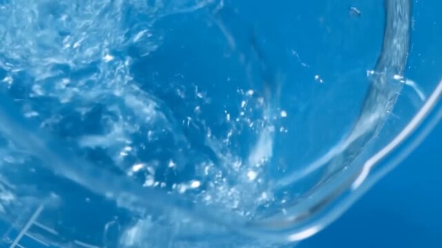 Swirling clear water bubbles inside a transparent glass container in close-up. Bottled water advertising, hydration campaigns, and beverage promotion.