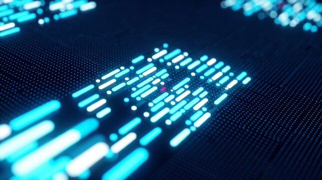 Abstract glowing blue light nodes arranged in patterns on a dark textured grid surface background with system